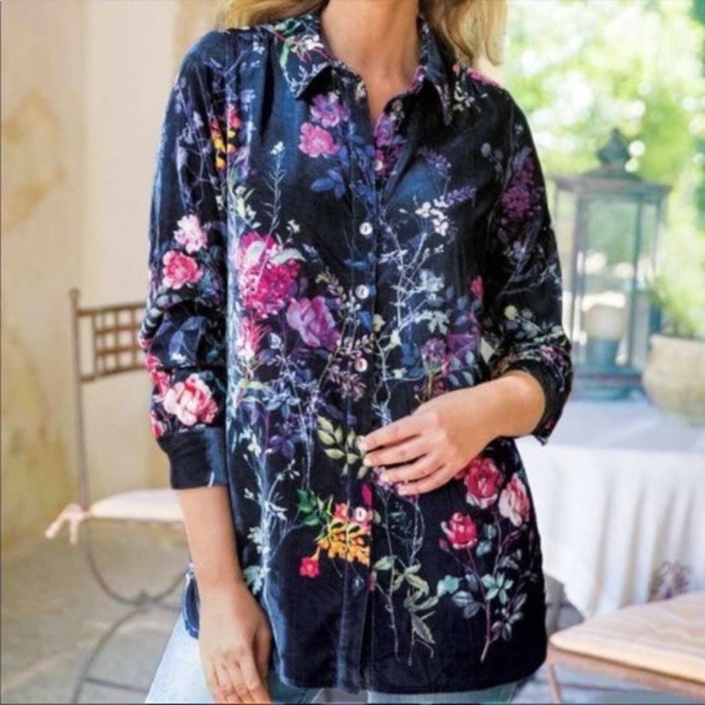 Soft Surroundings Long Sleeve Floral Black Velvet Button Down Top Womens Size 3X